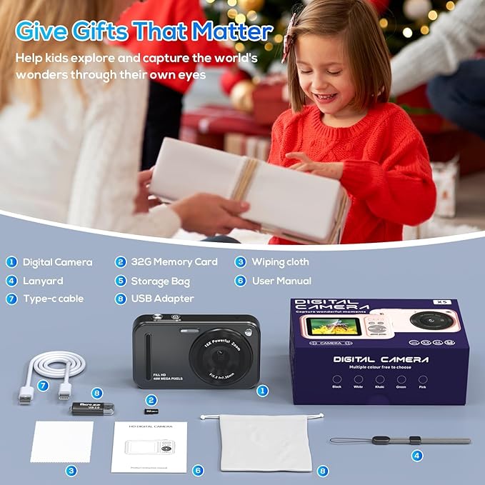 Digital Camera for Kids, WITYEAH 48MP FHD 1080P Point and Shoot Digital Cameras with 16X Zoom Anti-Shake, Compact Portable Cameras for Photography, for Boys Girls Teens Beginners