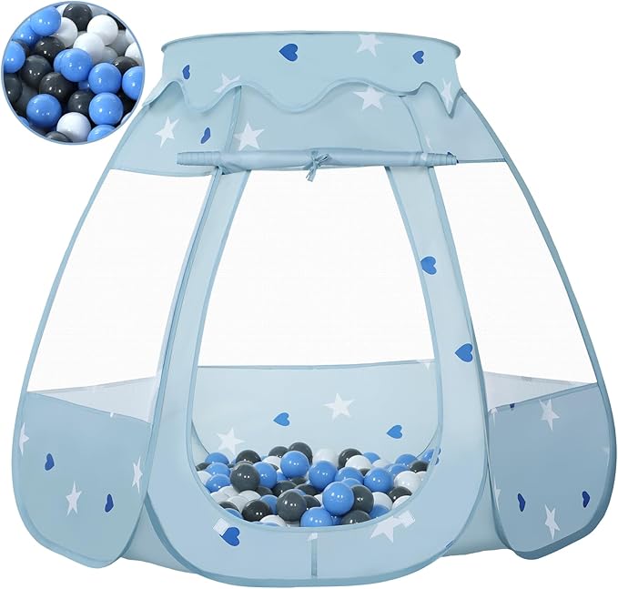Baby Ball Pit for Toddler with 50 Balls, Kids Pop Up Play Tent for Girls, Princess Toys Gifts for Children Indoor & Outdoor Playhouse (Greyish-Blue: Gray/White/Babyblue, 109x90cm/50 Balls)
