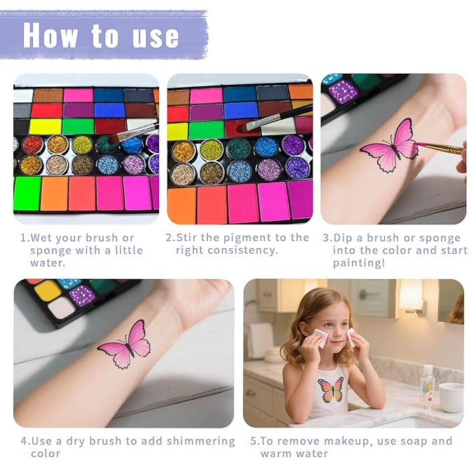 Face Painting Kit, Water Activated Face Paint Palette with Stencils, Brushes, Gems for Halloween Makeup, Parties, Carnival, School Event & Festivals (42 Colors)
