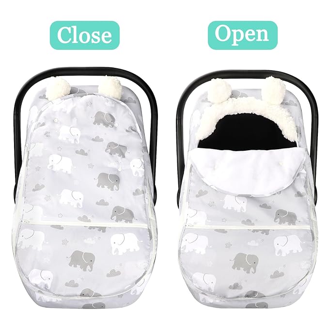 Carseat Cover Boys, Winter Cozy & Warm Cover, Elephant Baby Car Seat Cover, Infant Car Seat Canopy, Ultra-Soft Breathable Protect Baby from Cold Wind, Zipped Removable Design