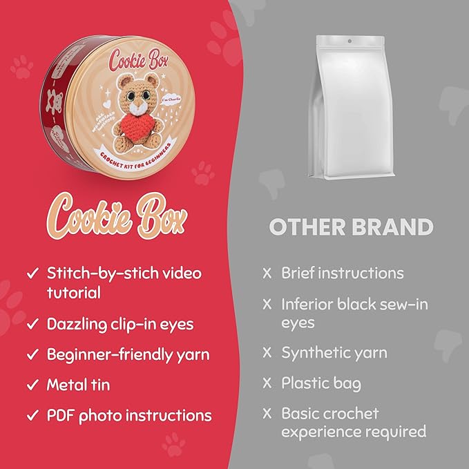 Cookie Box Crochet Kit for Beginners - Learn to Craft Amigurumi Stuffed Animals - Knitting Gift for Kids and Adults - Beginner-Friendly Yarn - Stitch-by-Stitch Video Tutorial - Bear Charlie