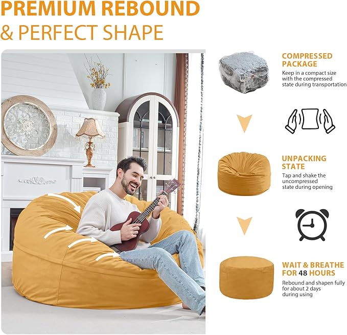 5FT Bean Bag Chair, Large Bean Bag Chairs with Memory Foam Filled, Fluffy Beanbag Sofa with Dutch Velvet Cover, Round BeanBag Chairs for Living Room, Playroom - Mustard