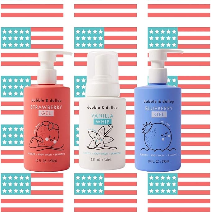 Dabble & Dollop USA Bundle, 3-in-1 Natural Bubble Bath, Body Wash & Shampoo for Kids, USA-Made, Paraben & Sulfate Free, Vegan, Tear-Free, Strawberry, Vanilla & Blueberry (Set of 3)