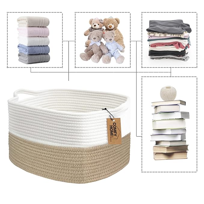 COMFY-HOMI Cotton Rope Woven Basket with Handles for Shelves,Toys,Book, Cloth Storage Baskets Bin for Organizing-13.5"x11"x9.5" Toy Decorative Organizer for Living Room, Bathroom-Light Brown
