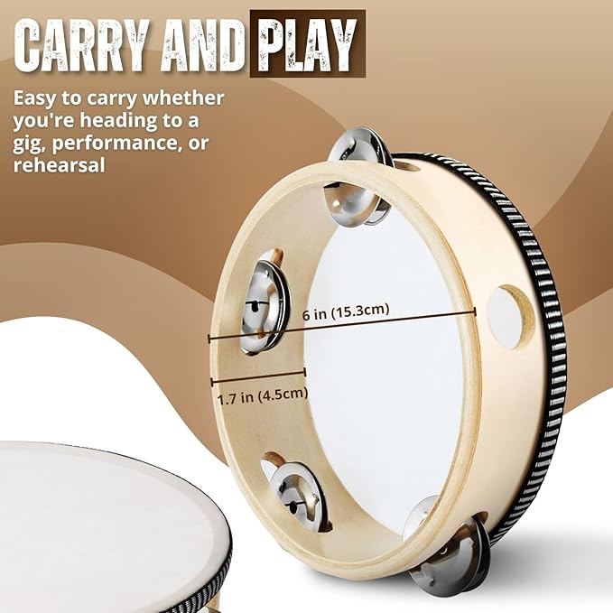 Flexzion Wooden Round Tambourine for Kids and Adults 6" Inch Single Row 8 Pair Jingles, Wood Handheld Percussion Instrument for Beginner and Professional Tambourine Player