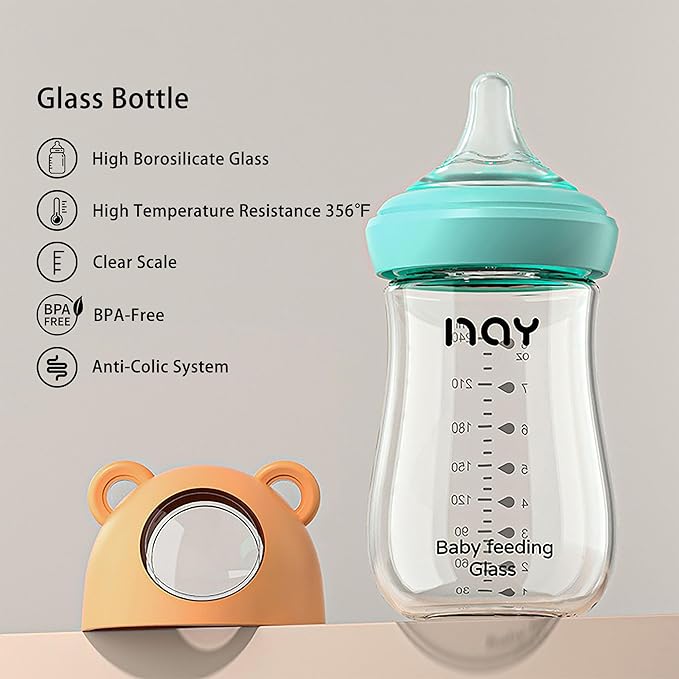 Natural Glass Baby Bottle for Breastfeeding Babies, 8oz Anti-Colic Baby Bottle with Natural Response Nipple(M), Clear, Wide Neck, 2 Pack, 3 Months+