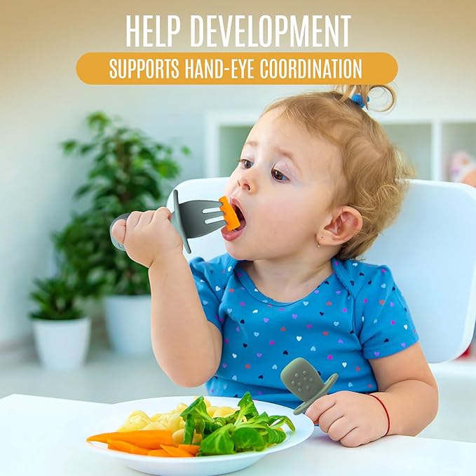 4pc Silicone Baby Spoons Self Feeding Baby Utensils 6-12 Months - 3 Baby Spoon - 1 Baby Fork - Toddler Cutlery Set - BPA Free, Dishwasher Safe, Baby Eating Essentials (Light pink/Army Green)