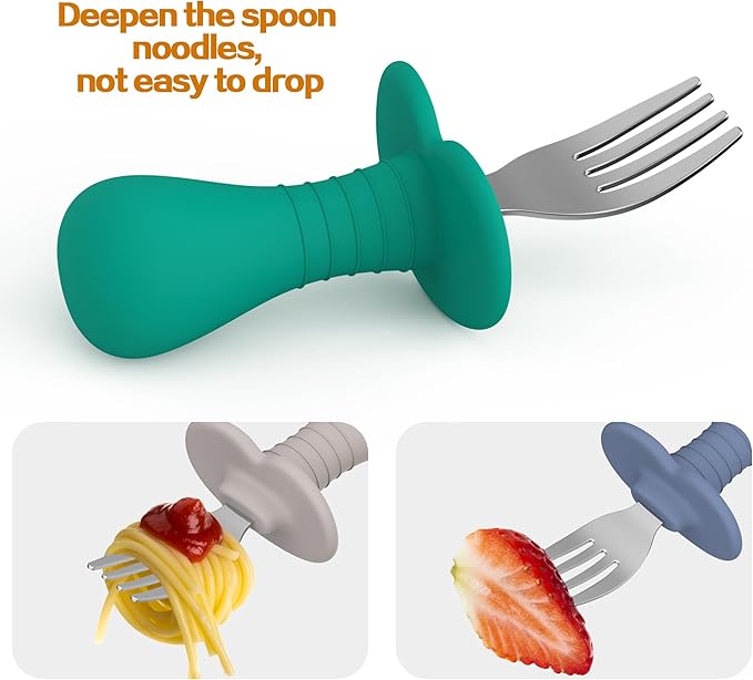 2 Pcs Baby Forks Toddler Forks for Self Feeding, Kids Forks with Silicone Round Handle, Stainless Steel Toddler Utensils Children Safe Silverware Set, Anti-Choke Design, BPA Free