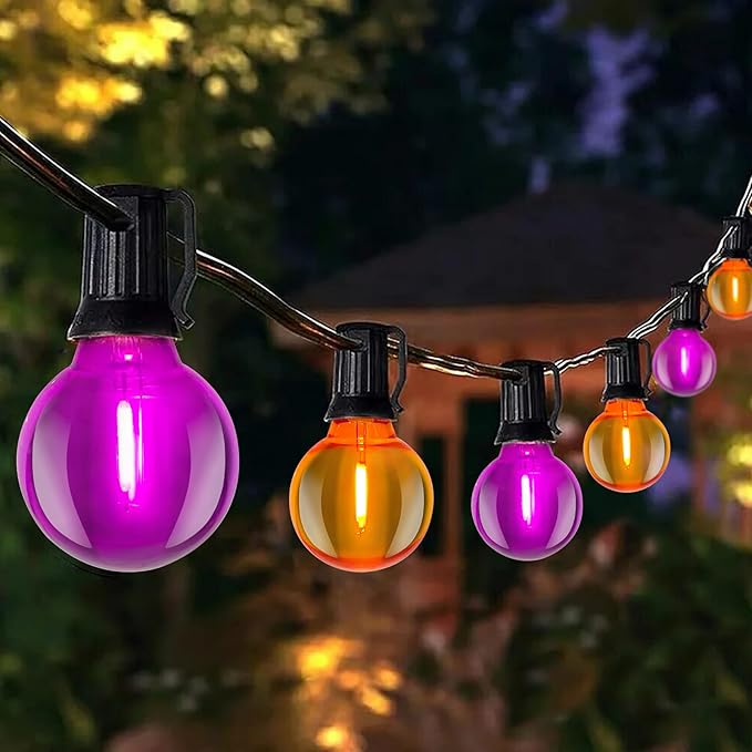 25FT Outdoor Halloween String Lights, G40 Outdoor Halloween Decorations Light with 27 LED Shatterproof Orange Purple Globe Lights(2 Spare), Hanging Patio Lights for Holiday Balcony Backyard Party
