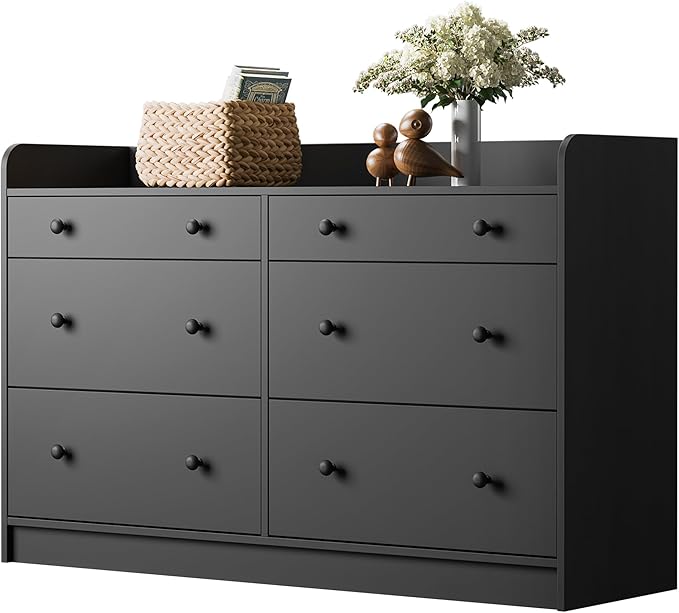 Cozy Castle Baby Dresser with 6 Drawers and Large Table Top, Multi-Functional Chest of Drawer, Drawer Dresser with Three-Sided High Rails for Nursery, Children's Room, Bedroom, Black