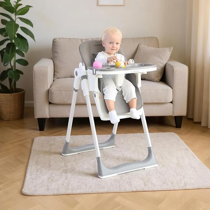 3-in-1 Foldable High Chair for Babies & Toddlers – Adjustable Height, Reclining Seat, 5-Point Safety Harness, Removable Tray, Lockable Wheels, Washable Cushion – Portable & Easy Clean, Grey
