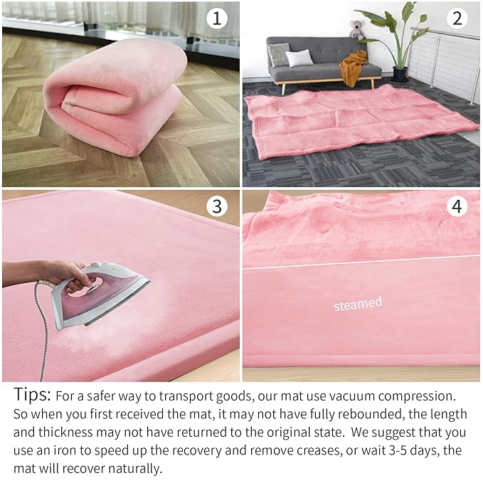 Baby Play Mat for Floor,1.3" Thick Memory Foam Tummy Time Mat for Toddlers,Infants,Kids,Soft Coral Velvet,Extra Large Non Slip for Crawling,Yoga,Tatami Style for Living Room(Pink)