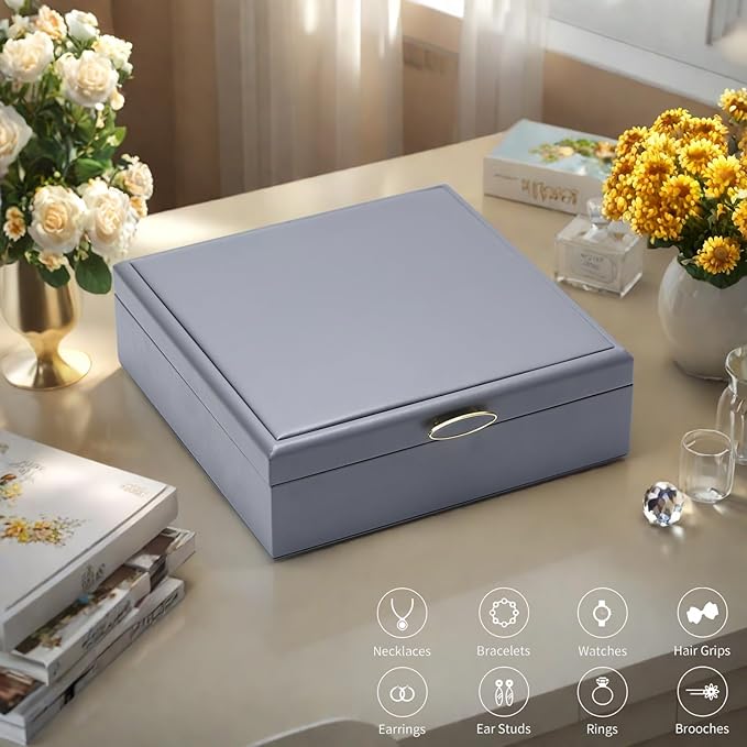 2-layer jewelry box,Jewelry Organizer with Handle,with hanging necklace hooks, detachable jewelry trays, suitable for storing a large amount of jewelry gift box (Large-Grey)