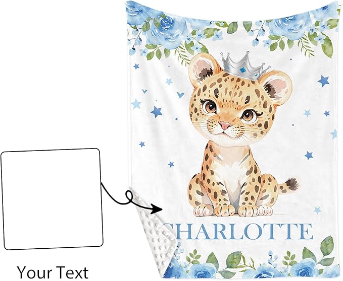 Custom Name Crib Bedding Set - Blue Floral Leopard Pattern, Personalized Nursery Bedding 3-Piece Set– Soft Blanket, Fitted Sheet, Changing Pad Cover – for Newborns Girls Nursery Gifts