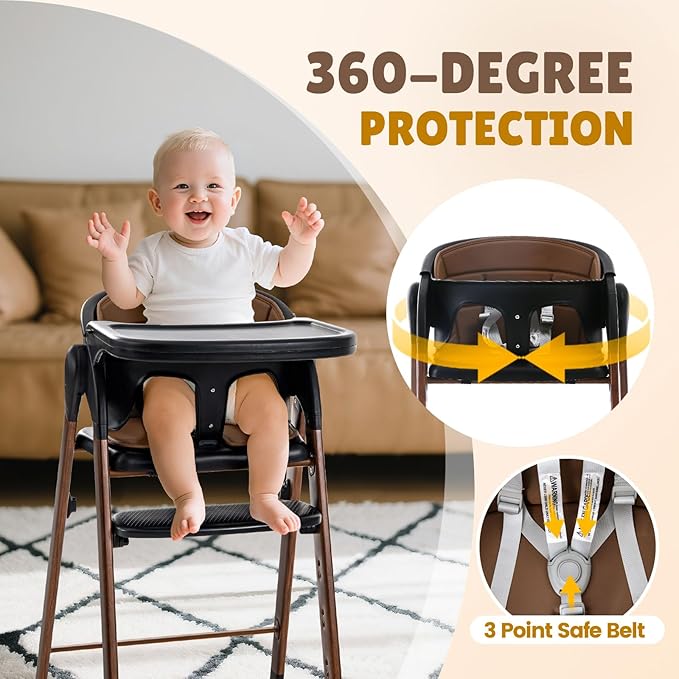 Adjustable High Chair with Removable Tray, Easy to Clean, Portable. 6 Months up to 240 Lb (Black Brown)