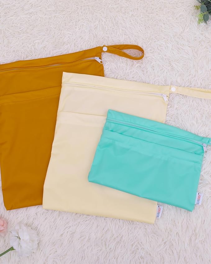 ALVABABY 3 Cloth Diaper Wet Dry Bags Waterproof Reusable with Two Zippered Pockets Travel Beach Pool Daycare Soiled Baby Items Yoga Gym Bag for Swimsuits or Wet Clothes Small medium Large 3L-SML03