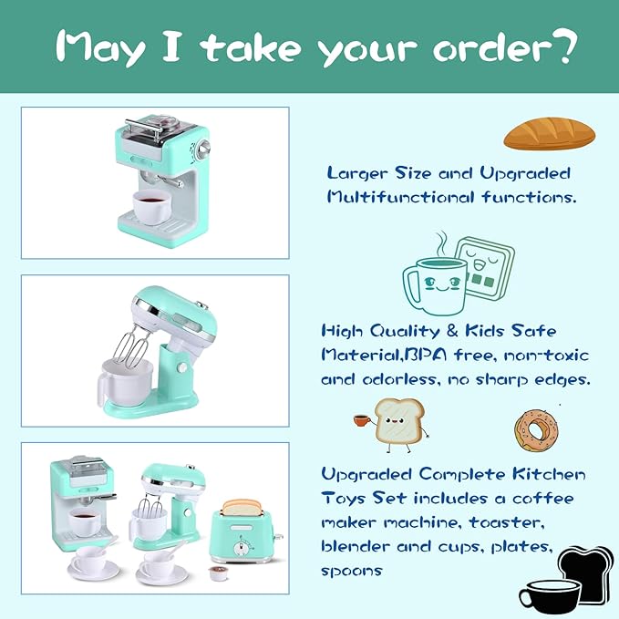 Kitchen Appliances Toys, Play Kitchen Accessories Set for Kids, Pretend Kitchen Toys with Coffee Maker, Mixer and Toaster, Play Kitchen Set for Kids (Green)