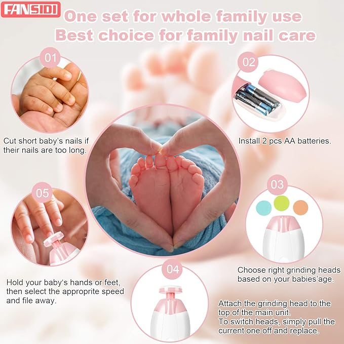 Baby Nail Trimmer Electric, FANSIDI Baby Nail File Infant Nail Clippers with 10 Grinding Pads 8 Sandpapers for Newborn Infant Toddler or Adults Toes Fingernails Care - AA Battery Operated (White/Pink)