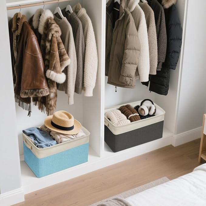 BALEINE 3 Pack Fabric Storage Bins for Shelves, Linen Storage Baskets for Organizing, Decorative Closet Bins for Clothes, Home (Brown, 15"x11"x9.5") 