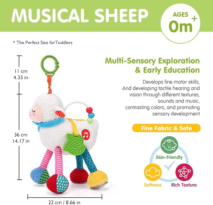 hahaland Baby Toys 0-6 Months - Baby Sensory Toys 0-3-6 Months Car Seat Toy Hanging - Musical Animals with Pull String Rattle Teether Crinkle Mirror, Crib Stroller Toy Tummy Time Babies Girl Boy Gifts