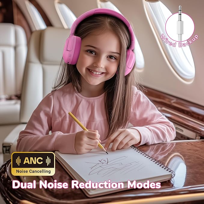 iClever BTH20 Active Noise Cancelling Headphones for Kids, 60H Play Time,Type C Fast Charging, Safe Volume 80dBA, Bluetooth5.4, Award-Winning Kids Headphones Wireless for iPad Tablet Airplane, Pink