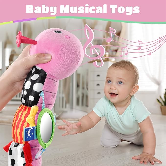 Baby Toys 6-12 Months Music Caterpillar Infant Toys Stuffed Animals 0-3-6 Months Teething Tummy Time Sensory Toys with Mirror Rattle&Pull String for Boys Girls Birthday Gifts|Pink,Knot Limb