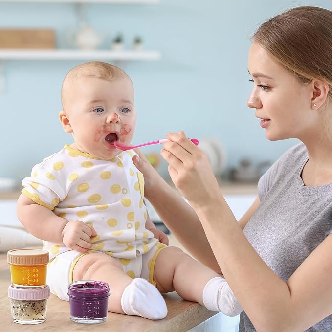 DRKIO 6 Pack Glass Baby Food Storage Containers - 4 Oz Baby Food Jars with Lids Baby Food Maker Microwave Dishwasher Freezer Safe 100% Leak Proof BPA Free Reusable