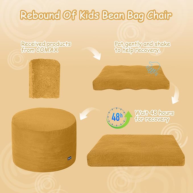 COMAX Kids Bean Bag Chair Turn into Beanbag Bed, Toddler Bean Chair Corduroy for Girl Boy Sleeping, Lazy Children Bean Bags with Filler, Convertible Child Floor Mattress, Yellow