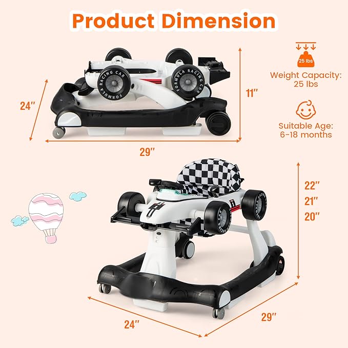 HONEY JOY 4-in-1 Baby Walker, Activity Push Walker w/3 Adjustable Heights, Smooth Wheels w/Adjustable Speed, Padded Seat, Music & Light, Foldable Car Walker for Baby Boys Girls Age 6 Months+ (White)