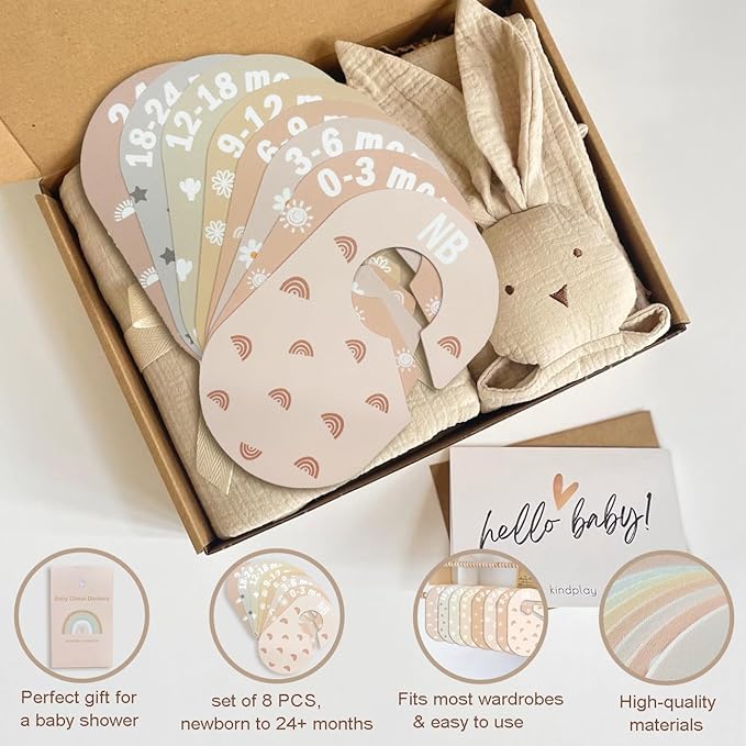 Baby Closet Divider, Baby Wardrobe Organizer, Double-Sided Minimalist Cute Design, Nursery Decor Clothes Hanger Dividers for Sorting 8 Sizes from Newborn to 12+ Months