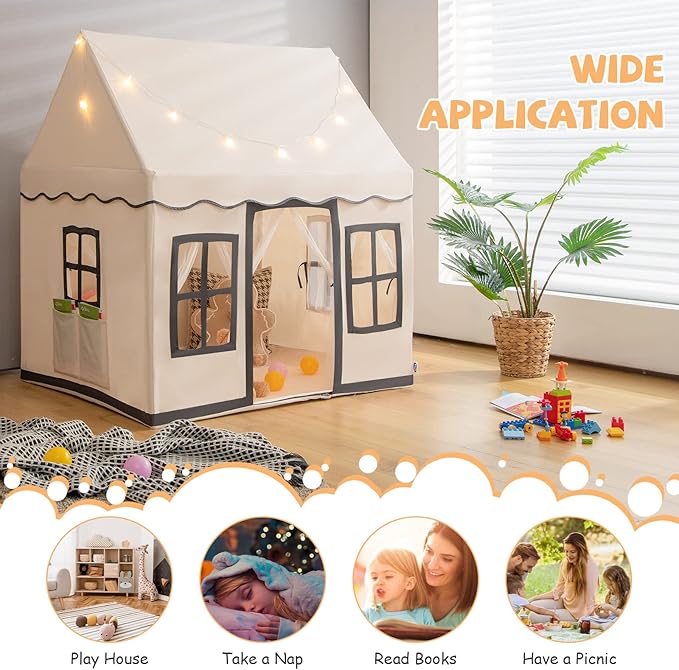 INFANS Kids Play Tent with Washable Mat Star Light Windows, Anti-Trip Large Playhouse Toys for Children Boys Girls, Indoor Outdoor Princess Tents Castle for Toddlers (Black)