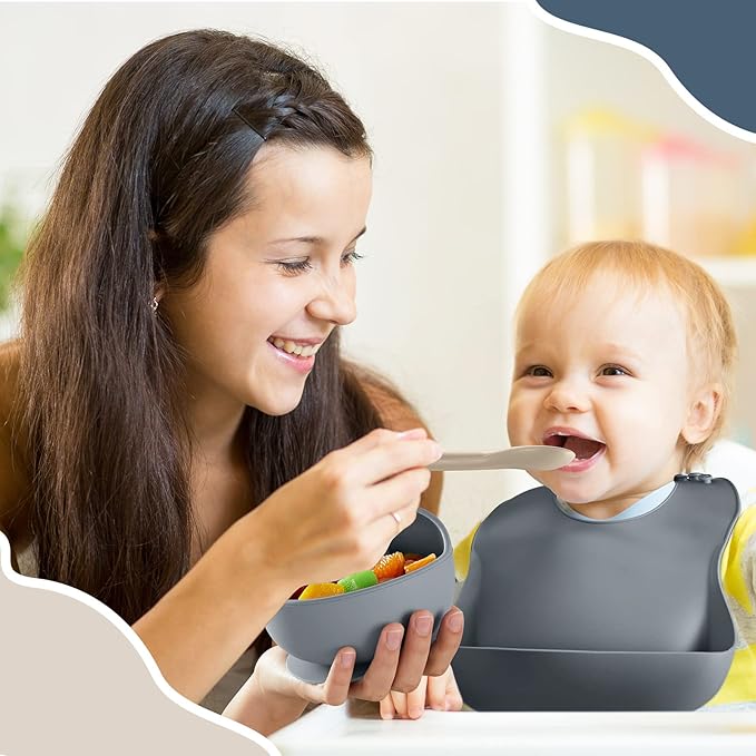 10 Pack Silicone Baby Feeding Set, Toddlers Led Weaning Feeding Supplies with Suction Baby Bowl Divided Plate Adjustable Bib Soft Silicone Spoon Fork, Infant Self Eating Utensil Set (Gray, Khaki)