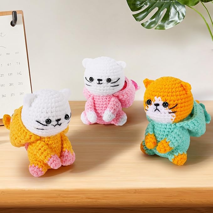 Crochet Kit for Beginners - 3 PCS Unicorn Cat Crochet Kits with Step-by-Step Video Tutorials, Beginner Crochet Kit for Adults Kid, Crochet Animal Kit for Starters, Cat Dressed as Unicorn Set