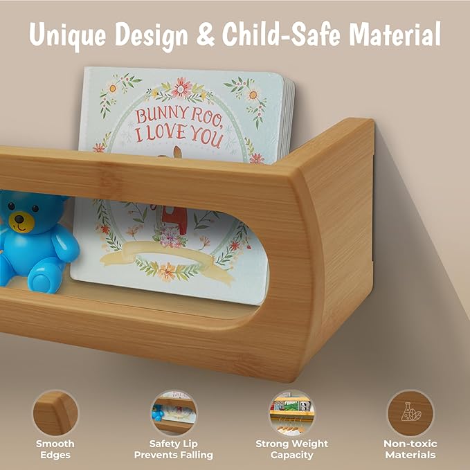 Bamboo Nursery Book Shelves, Fully Assembled For Easy Use - Set of 3 Floating Shelves for Wall Kids, Wall Mounted Book Shelves For Kids Room, Baby Room, Toddler Room, Nursery Decor, 16.5 Inch Natural