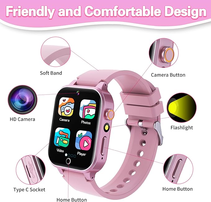 Kids Smart Watch Girls Gift for Girl Aged 6-12, HD TouchScreen Kids Watch with 26 Games Video Camera Music Pedometer Audiostory Learn Card Educational Toys Birthday Gifts for Girls Ages 5 6 7 8 9