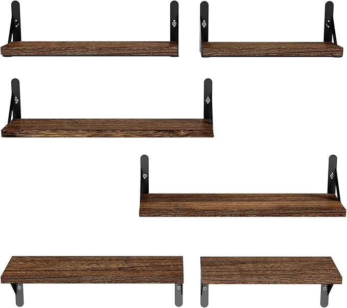 AMADA HOMEFURNISHING Wall Shelves Set of 6, Rustic Farmhouse Floating Shelves for Bedroom, Bathroom & Living Room, Brown Wood