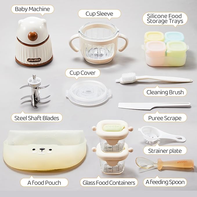Baby Food Maker-Food Processor, Fruits, Vegetables, Meats, Potatoes, Avocados, Gift Package with A feeding spoon, A bib, A set of 4 separate food ice cube trays, and Two 200ml food storage