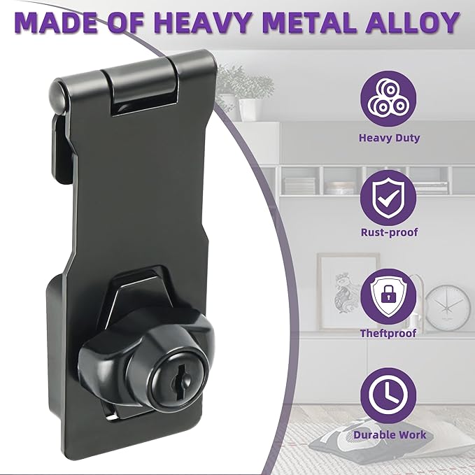 Alise Keyed Hasp Lock,4 Inch Safety Packlock Clasp Hasps Latch,Black Door Hinge Lock with Keys Keyed Locking Hasps for Cabinet,Closet,Drawer, Barn,Fence,Garage Doors