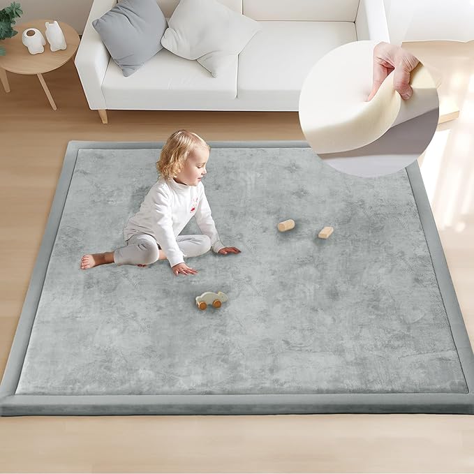 ACOMOPACK Baby Play Mat for Floor 1.3" Thick Memory Foam 50x50 Soft Velvet Playpen Mat for Kids,Infants,Toddlers,Tummy Time Crawling Mats with Non-Slip Bottom,Yoga,Tatami,Nursery Rug(Light Grey)