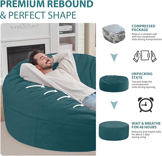 6FT Bean Bag Chair, Large Bean Bag Chairs with Memory Foam Filled, Fluffy Beanbag Sofa with Dutch Velvet Cover, Round BeanBag Chairs for Living Room, Playroom - Sea Blue