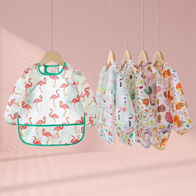 5 Pack Long Sleeve Bib,Baby Toddler Waterproof Sleeved Bib for 6-30 Months Reusable with Catch-all Pocket