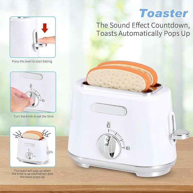 Kitchen Appliances Toys, Play Kitchen Accessories Set for Kids, Pretend Kitchen Toys with Coffee Maker, Mixer and Toaster, Play Kitchen Set for Kids (White)