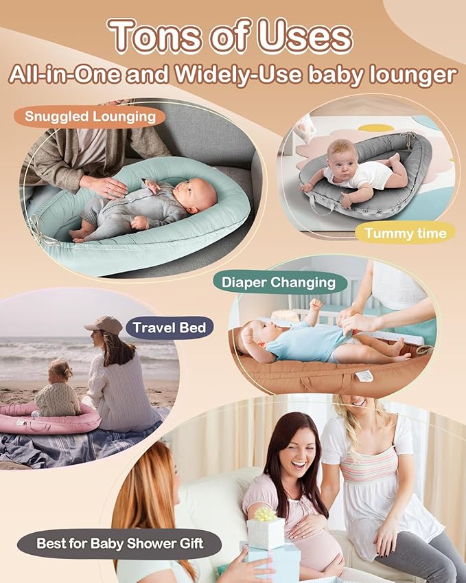 Baby Lounger - Infant Lounger for Newborn 0-24 Months, Pure Cotton Breathable Baby Nest Lounger Cover, Newborn Essentials for Baby Boys & Girls, Co Sleeper Portable Baby Bed for Home and Travel