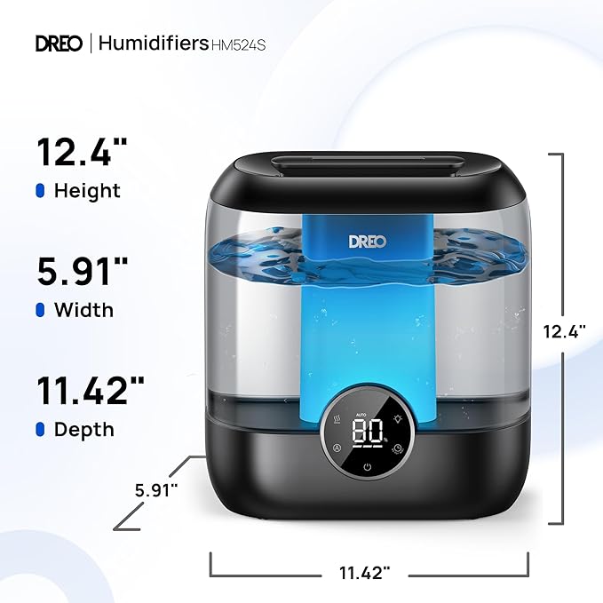Dreo Smart Humidifiers for Bedroom, 6L Top Fill Supersized Cool Mist Humidifier for Large Room, 60 Hour Runtime, Quiet Ultrasonic Humidifiers for Plants, Baby, Indoor, Home, Night Light, Black