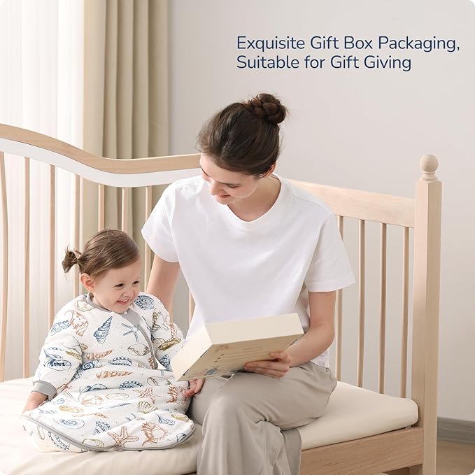 Baby Sleep Sack 12-18 Months, Cotton Detachable Long Sleeve Sleep Sack, 2.5 Tog Toddler Sleeping Sack with Temperature Strips, 2-Way Zipper Wearable Blankets for Newborns, Ocean