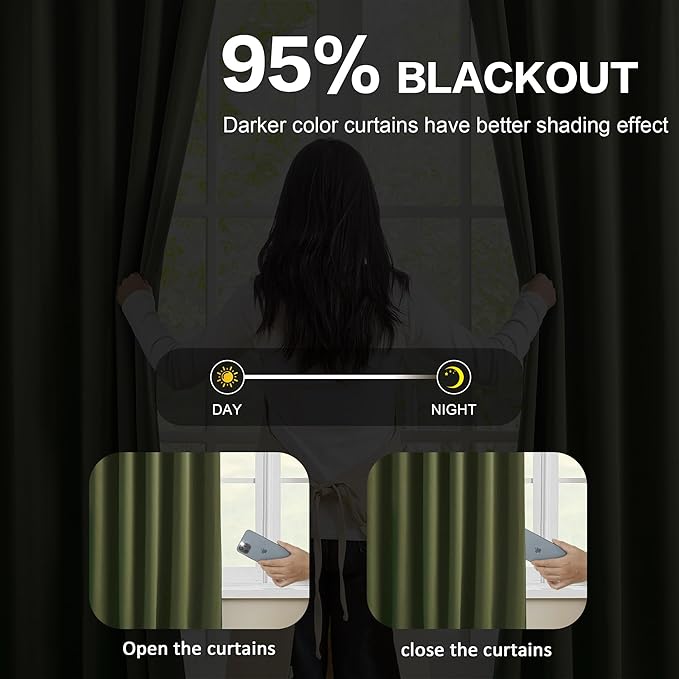 KEQIAOSUOCAI Dark Olive Pinch Pleated Curtains 45 Inches Long for Short Windows, Room Darkening Blackout Curtain Drapes for Bedroom 40 x 45 Inch -2 Panels