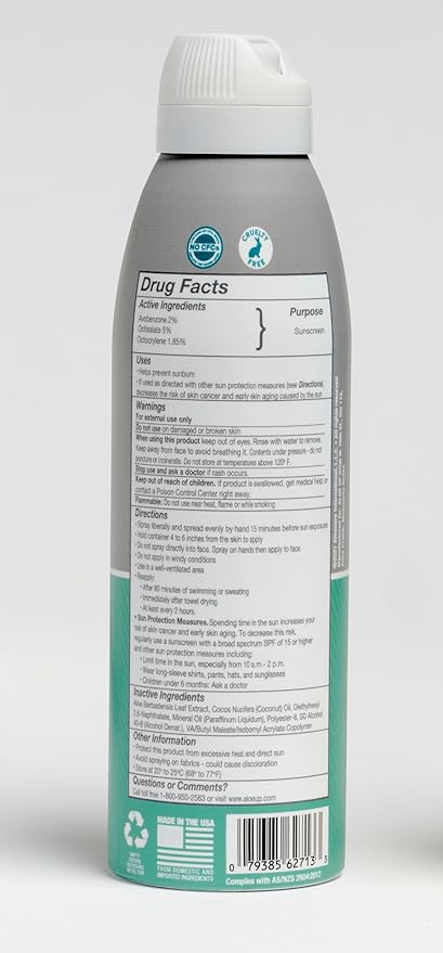Aloe Up Sport Continuous Spray Sunscreen SPF 15 - Broad Spectrum UVA/UVB Sunscreen Protector for Face and Body - With Aloe Vera Gel - Fast Absorbing Sheer Formula - Reef Safe - Fragrance-Free - 6 Oz