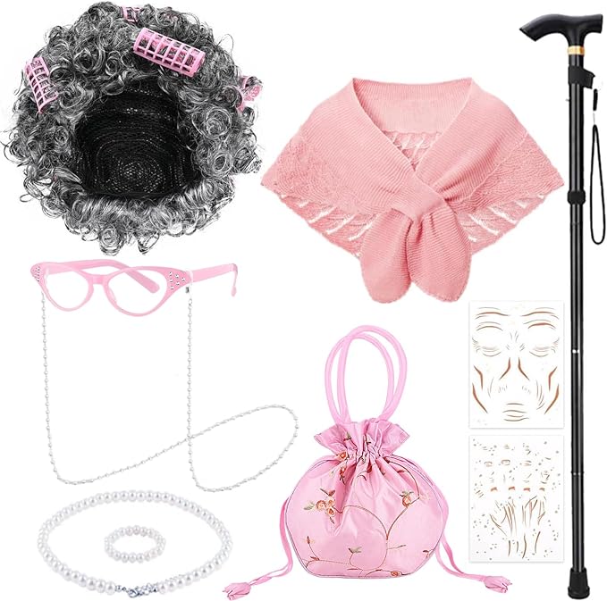 100 Days of School Old Lady Costume Include Wig,Glasses,Necklace,Bracelet,Glasses Chain,Bag,Cane,Shawl and Stickers 