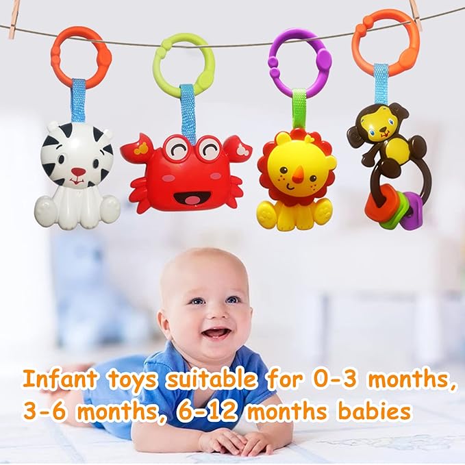 Baby Toys, Cartoon Animal Hanging Rattle Toys, Handbells Baby Rattles, Baby Bed Crib Car Seat Travel Stroller Toys for Infant, Best Birthday Gift for Newborn, 4 Pack