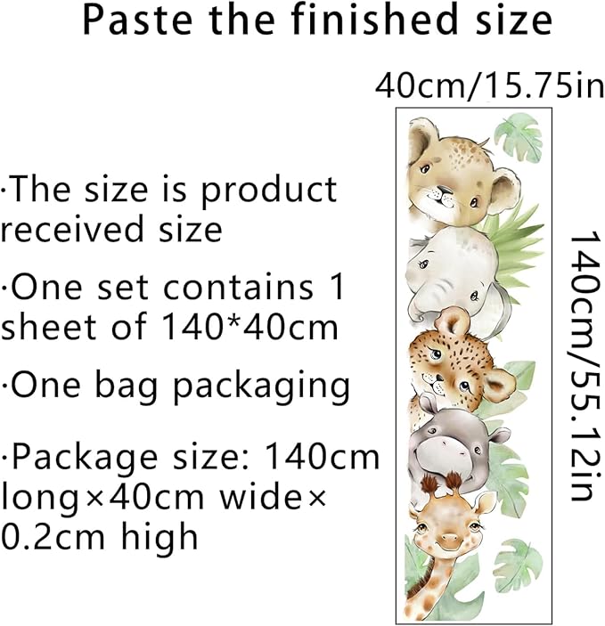 55.12 x 15.75 InchWatercolor Jungle Animal Wall Decals Tiger Elephant Zebra Giraffe Hippo Forest Wall Stickers Removable Peel and Stick Stickers for Baby Nursery Playroom Bedroom Classroom